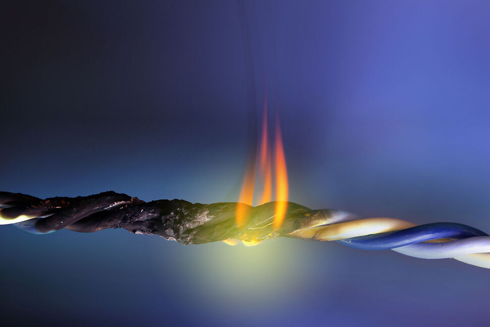 Short circuit, burnt cable, on dark color background